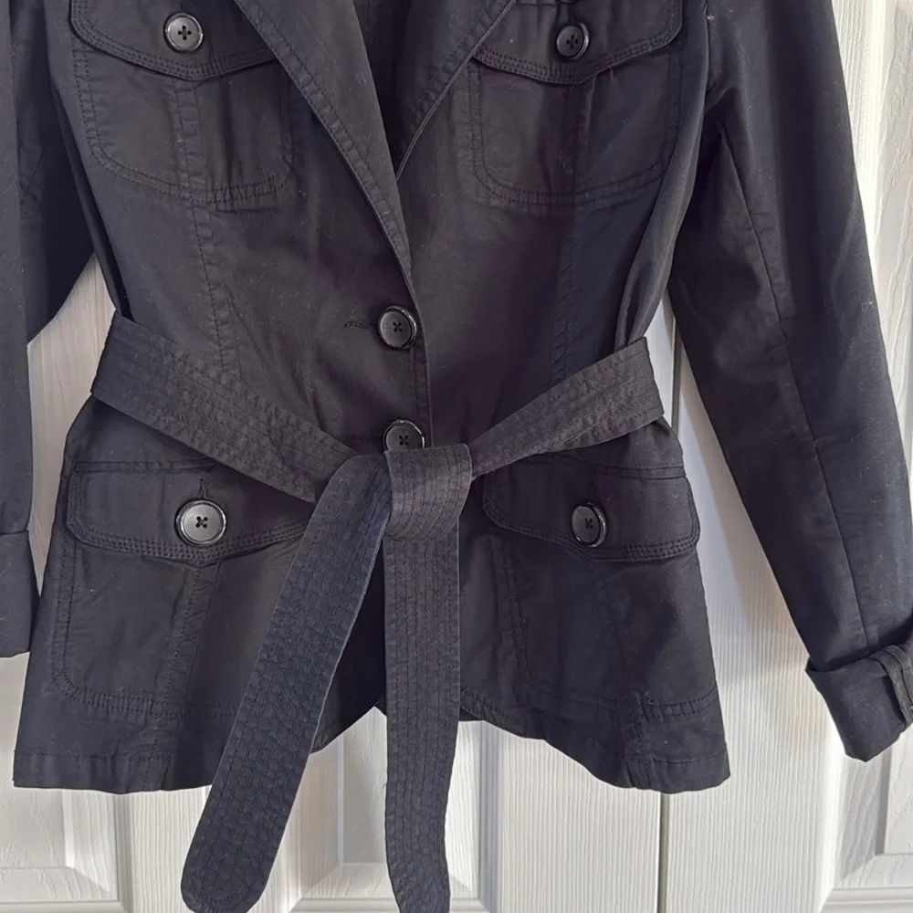 H&M Women's Rich Black Cotton-Blend Belted Waist Utility-Style Jacket - Size 14 - Picture 4 of 11